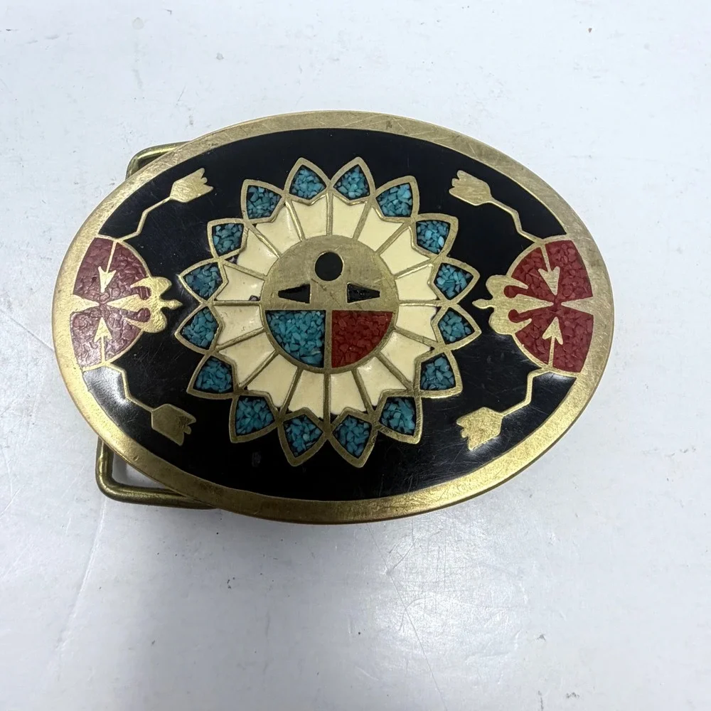 Vtg 1983 SSI Zuni Sunface Belt Buckle Brass Enamel Inlay Southwestern Boho
